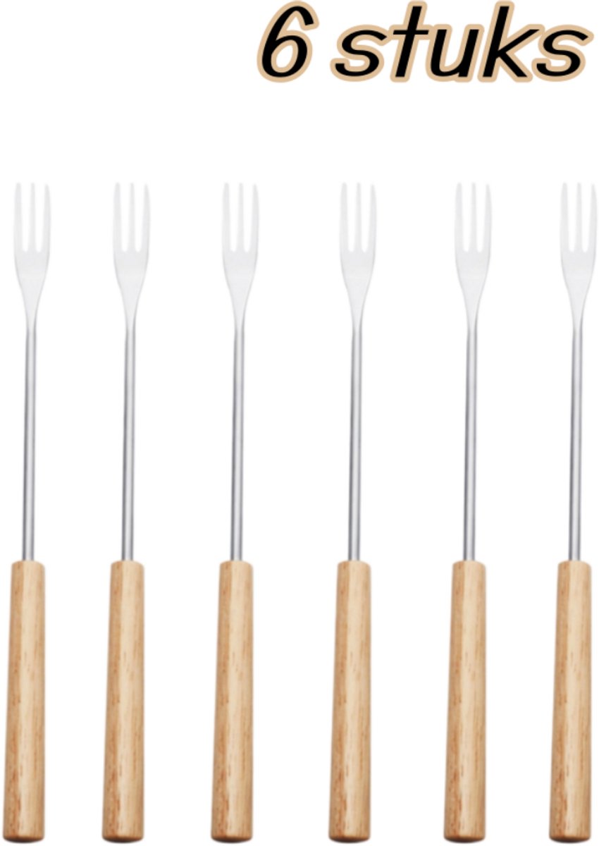 6 stuks dessertvorken - RVS en hout - voor fruit, cake en chocoladefondu - 26 cm - hout