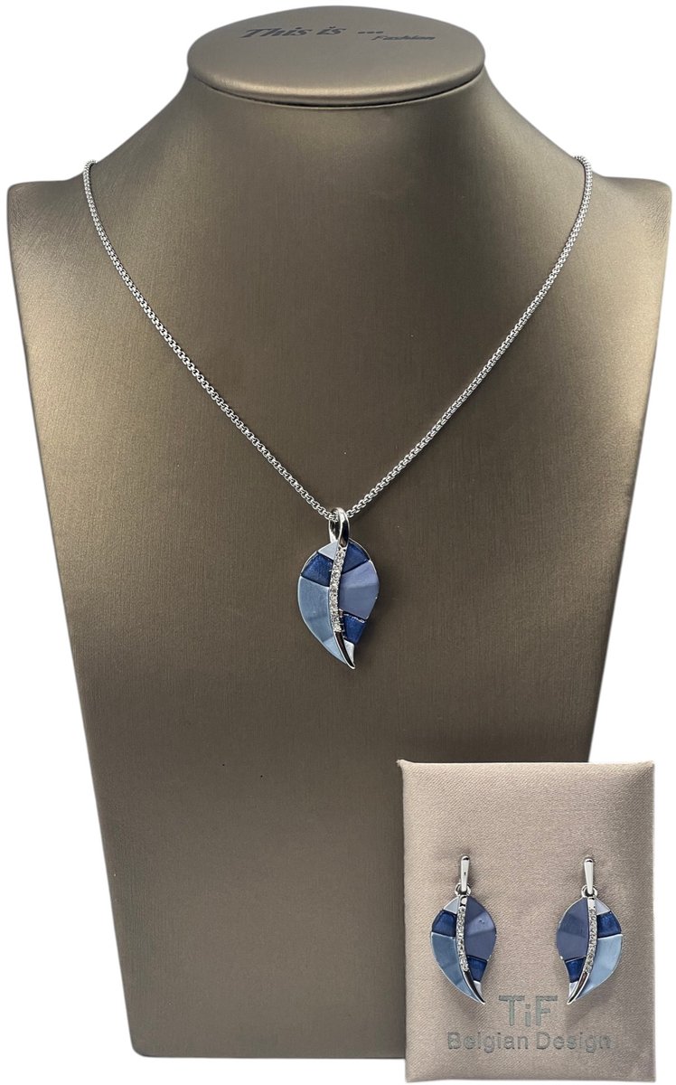 TIF - Sieraden - Juwelenset dames - Halsketting - Oorbellen - Zilver - Blauw - Verstelbaal 42-47 cm