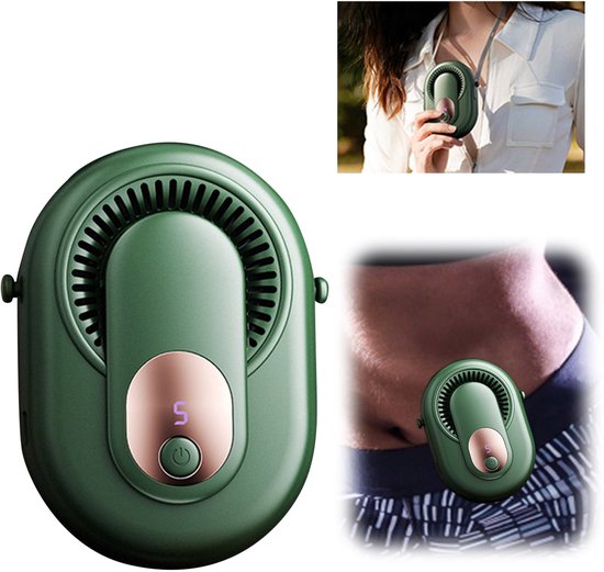 Draagbare 4-in-1 ventilator voor nek, taille, hand en tafel – bladloos, 5 snelheden, USB-oplaadbaar, digitaal display, groen