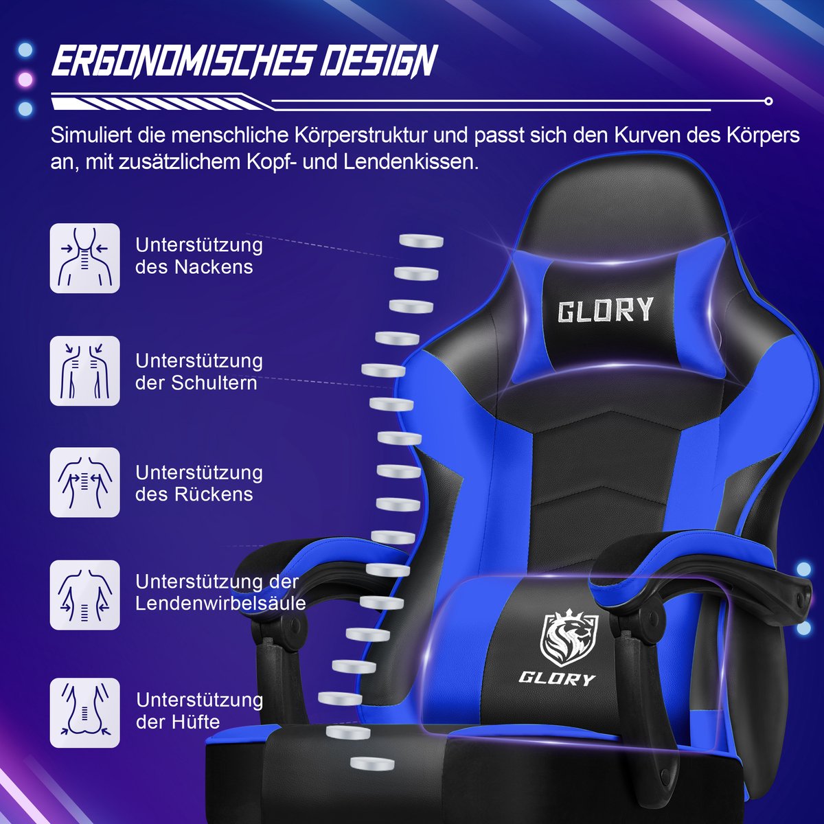Hiaonyx Gaming Stoel Met Inklapbare Voetsteun Blauw - afbeelding 2