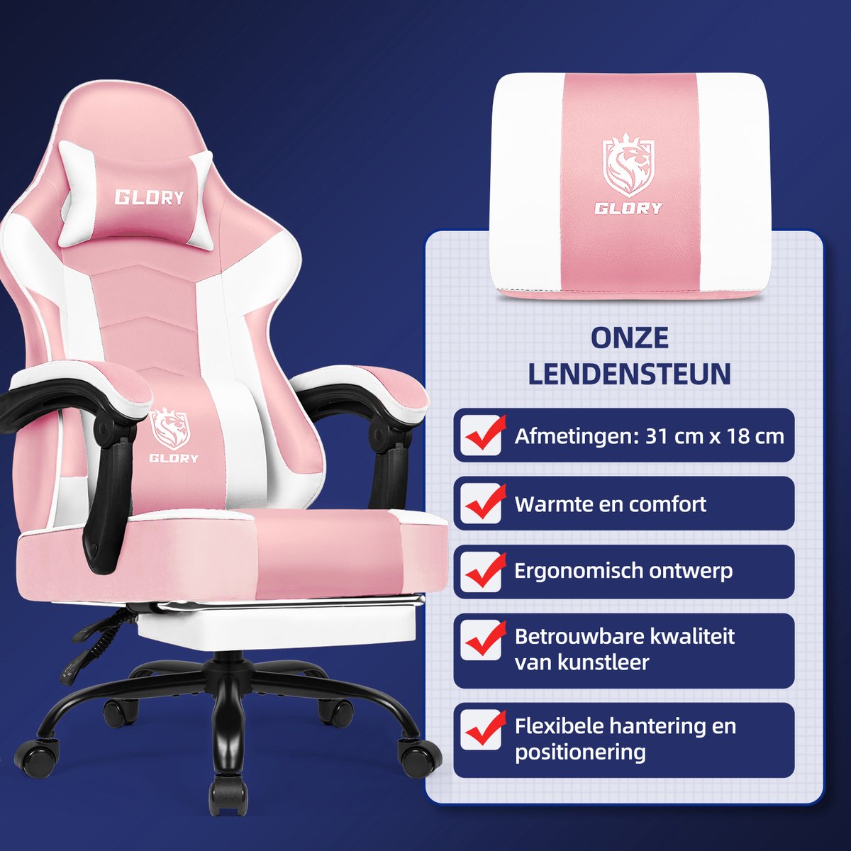 Hiaonyx Gaming Stoel Roze 170° Verstelbare Rugleuning - afbeelding 2