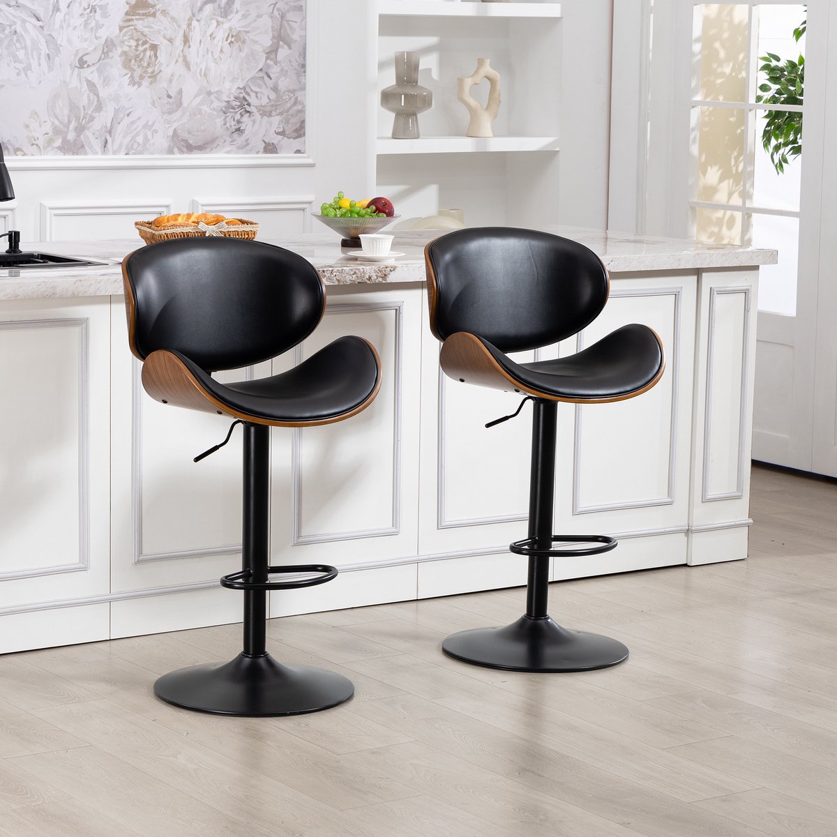 OKWISH Barstoel 51 x 50 x 93-103,5 cm - Draaibaar En In Hoogte Verstelbaar - Voor Keukeneiland Of Bar - PU-Leer - Zwart