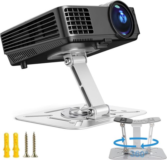 Beamerhouder 360° draaibaar zilver – verstelbare projectorstandaard voor plafond- en muurmontage, stevig en flexibel