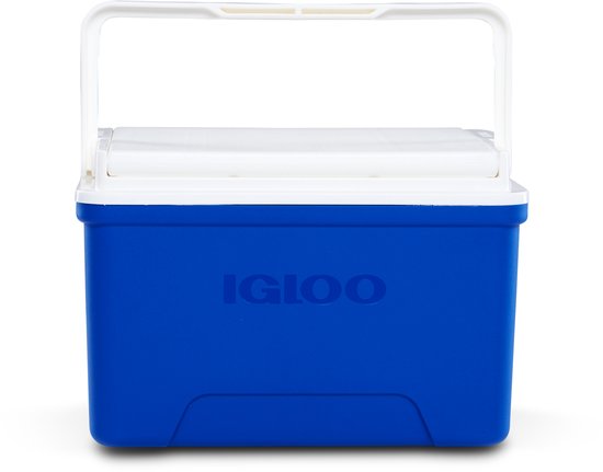 Blauwe Igloo koelbox met wit deksel en handvat.