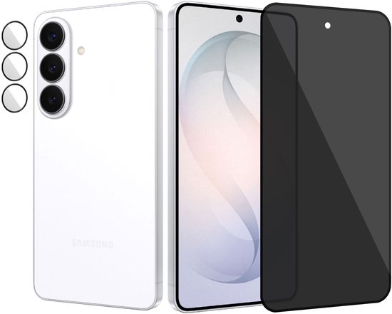 Een witte Samsung telefoon, een screenprotector en een camerabeschermer. De protector bedekt de camera's.