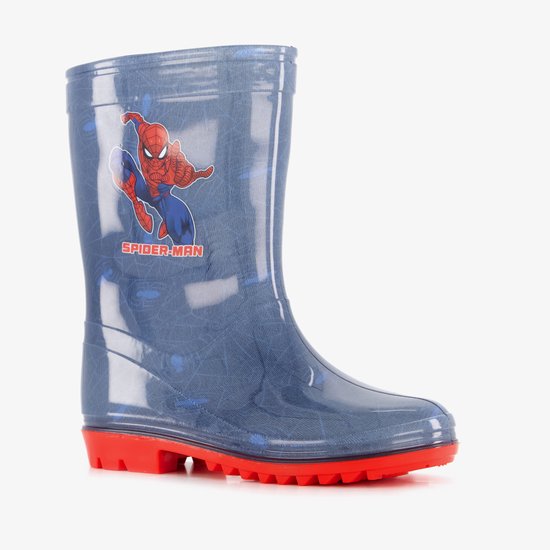 Botte de pluie enfant bleue avec imprimé Spiderman, motif toile d'araignée et oiseau, et semelle rouge.