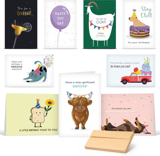 Partizzle 36x Leuke Verjaardagskaarten met Envelop Set - Wenskaarten Versturen - Verjaardag Ansichtkaarten - 15x10 cm - Engels / Cheerful Characters