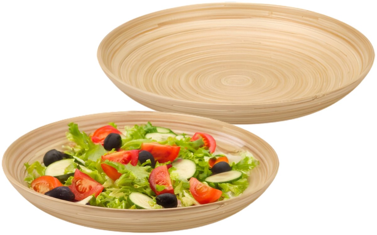 Serveerschaal/saladeschaal - 2x - D30 x H5 cm - bamboe - naturel - platte schaal