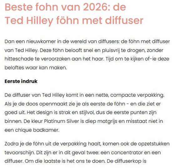 Ted Hilley - Ionische Fohn met Diffuser - Haardroger - Haarfohn - Steil of Krullend Haar - Glanzend en Pluisvrij - [Beste Fohn 2026]