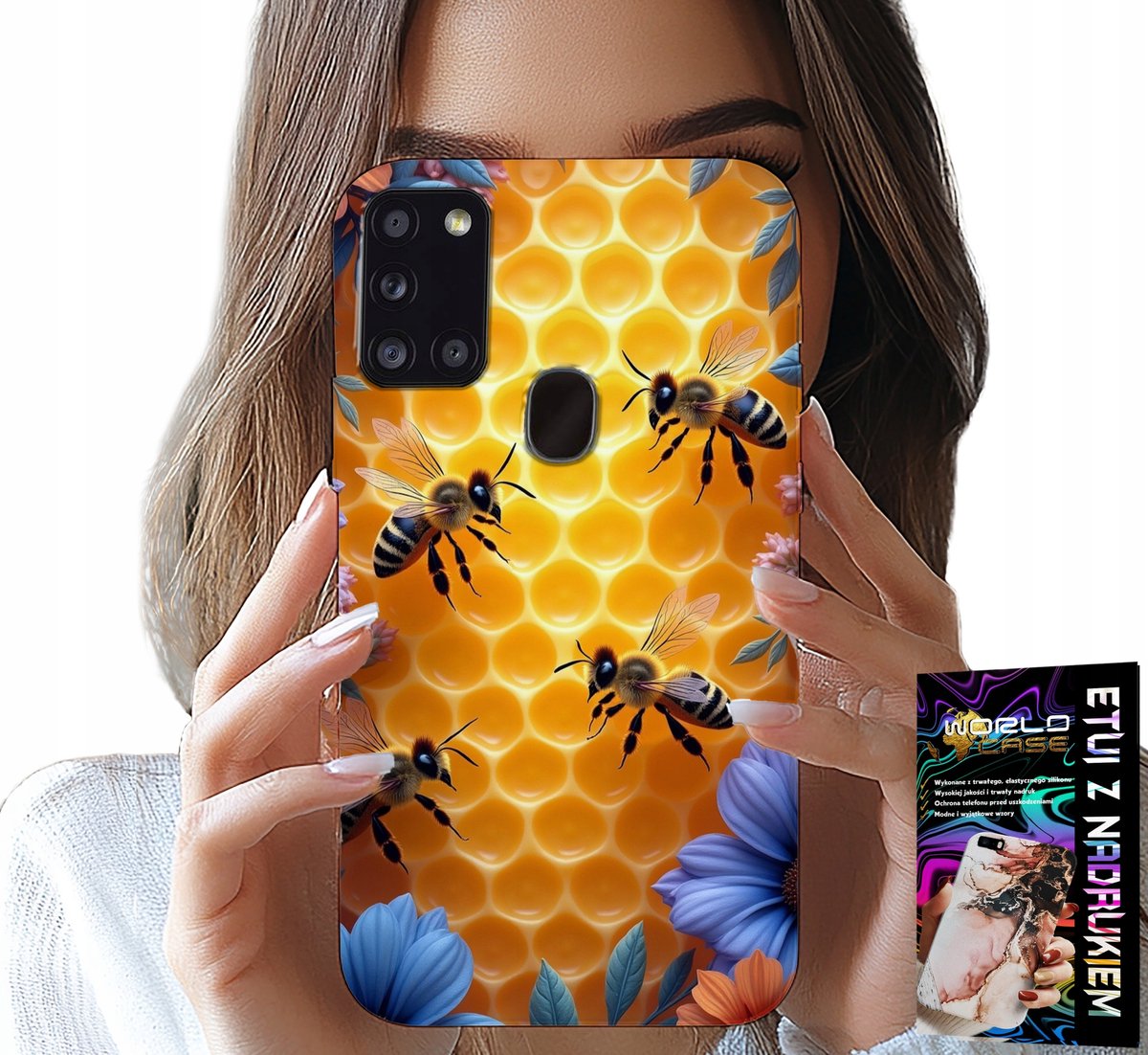 HOESJE VOOR SAMSUNG GALAXY A21S - ACHTERKANT MET BIJENKORF EN HONINGRAAT