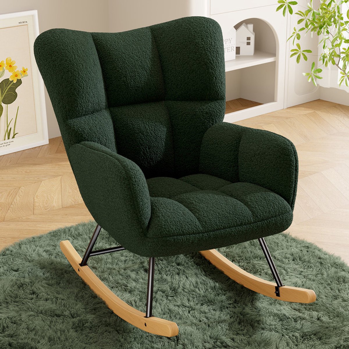 Schommelstoel – Teddy Bouclé Fauteuil Schommelstoel, Comfortabele Loungestoel met Houten Onderstel en Metalen Frame, Zachte Pluche Stoel voor Woonkamer, Slaapkamer, Kinderkamer,groen
