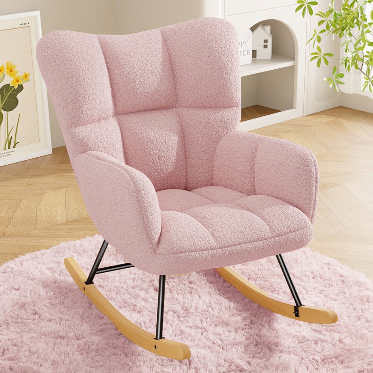 Schommelstoel – Teddy Bouclé Fauteuil Schommelstoel, Comfortabele Loungestoel met Houten Onderstel en Metalen Frame, Zachte Pluche Stoel voor Woonkamer, Slaapkamer, Kinderkamer,roze