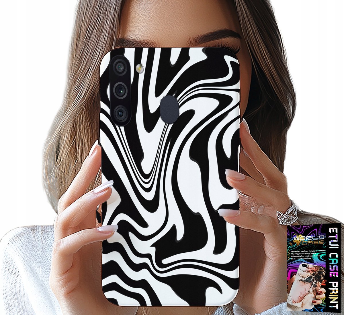 HOESJE VOOR SAMSUNG GALAXY A21 - ZWART-WIT ABSTRACTIE + HART GLAS