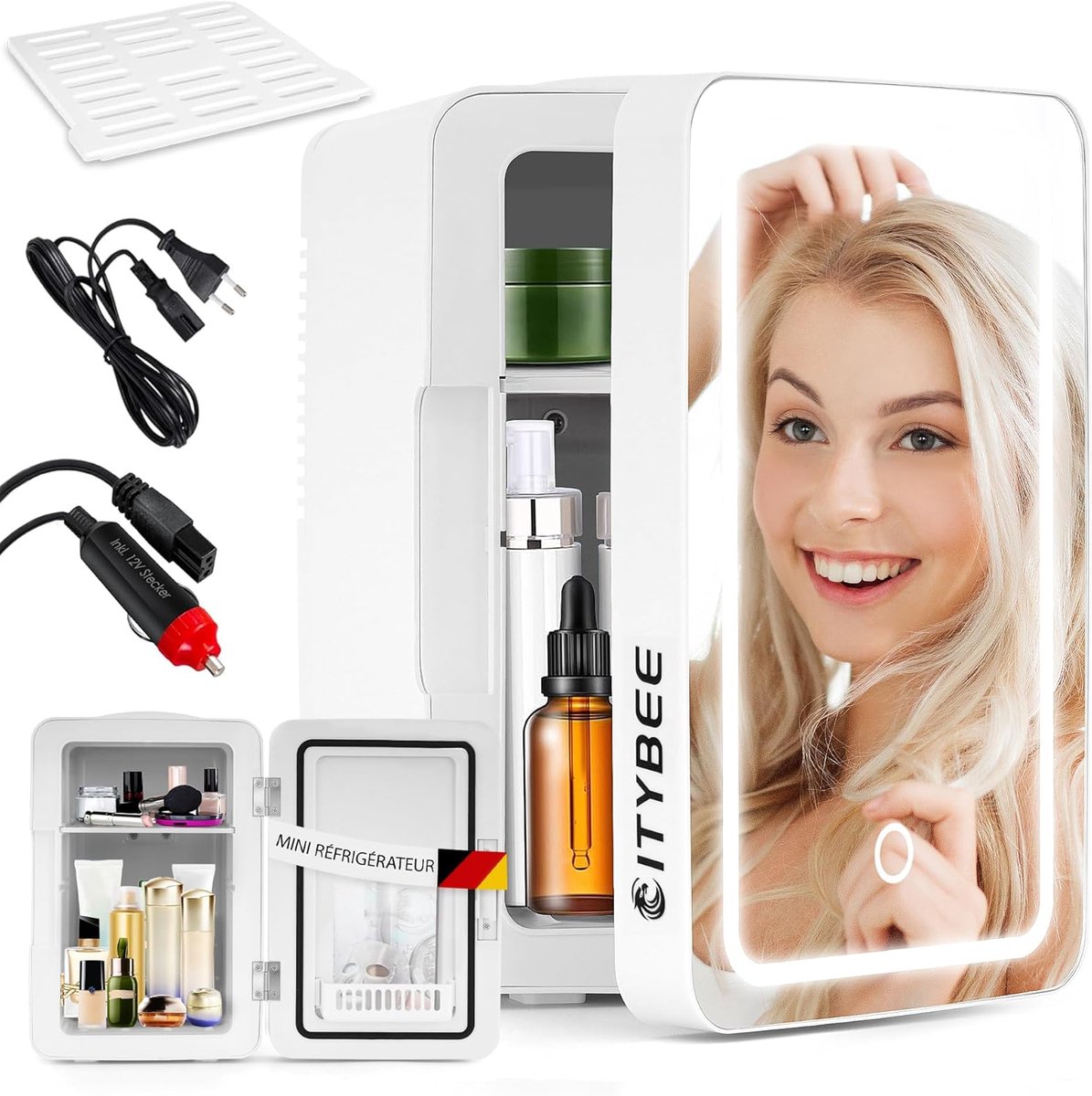 Glitzerlife - Multifunctioneel Skincare Mini-koelkast, 6 liter, klein, 12 V, 230 V, werkt stil, met spiegel en ledverlichting, Skincare koelkast voor cosmetica, cosmetica, koelkast, ideaal voor de auto -Wit