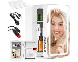 Glitzerlife - Multifunctioneel Skincare Mini-koelkast, 6 liter, klein, 12 V, 230 V, werkt stil, met spiegel en ledverlichting, Skincare koelkast voor cosmetica, cosmetica, koelkast, ideaal voor de auto -Wit