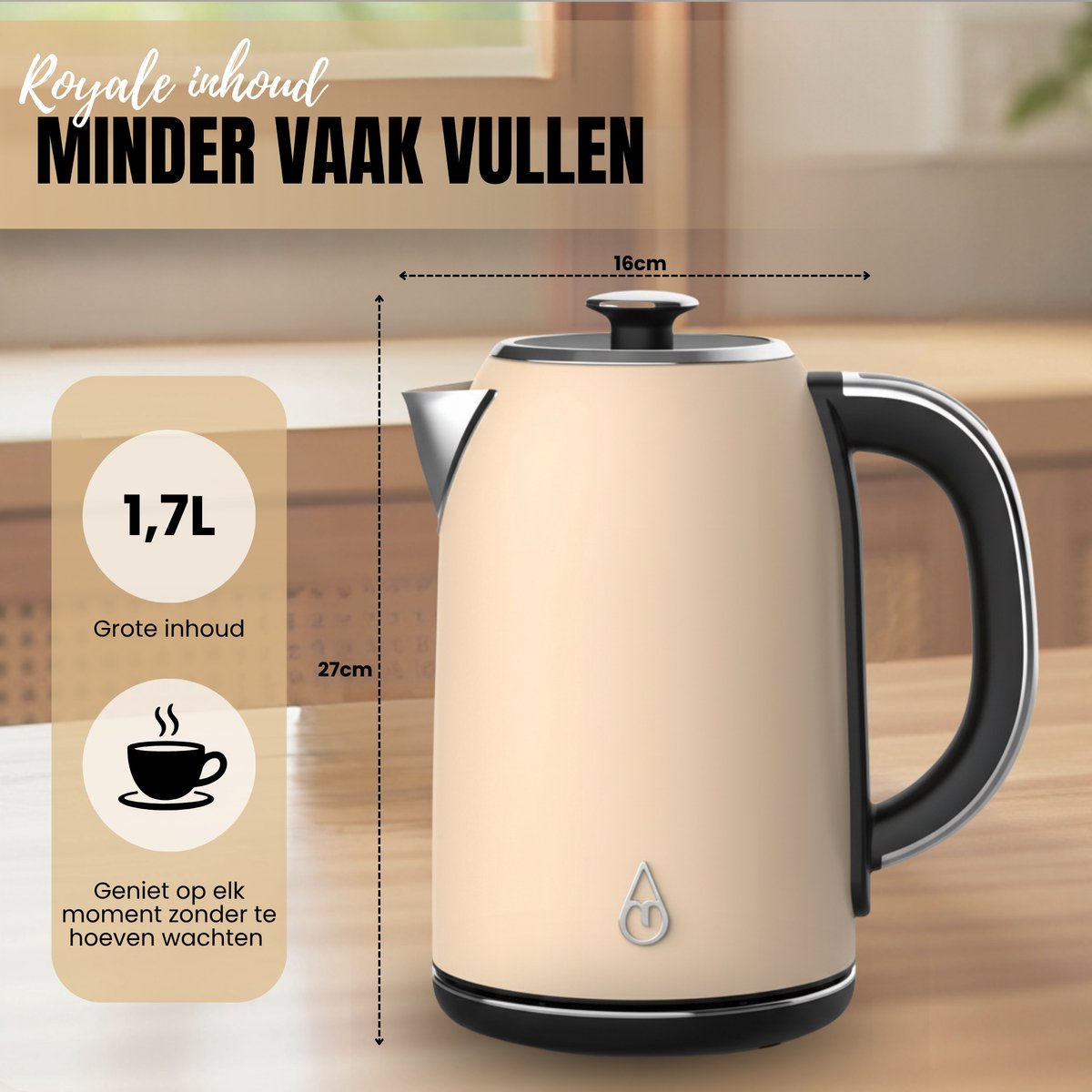 Motivai Waterkoker met Warmhoudfunctie & Temperatuurregeling – 1.7L – 2200W – BPA-vrij & PHAS-vrij RVS – Retro – Matte Beige — afbeelding 3