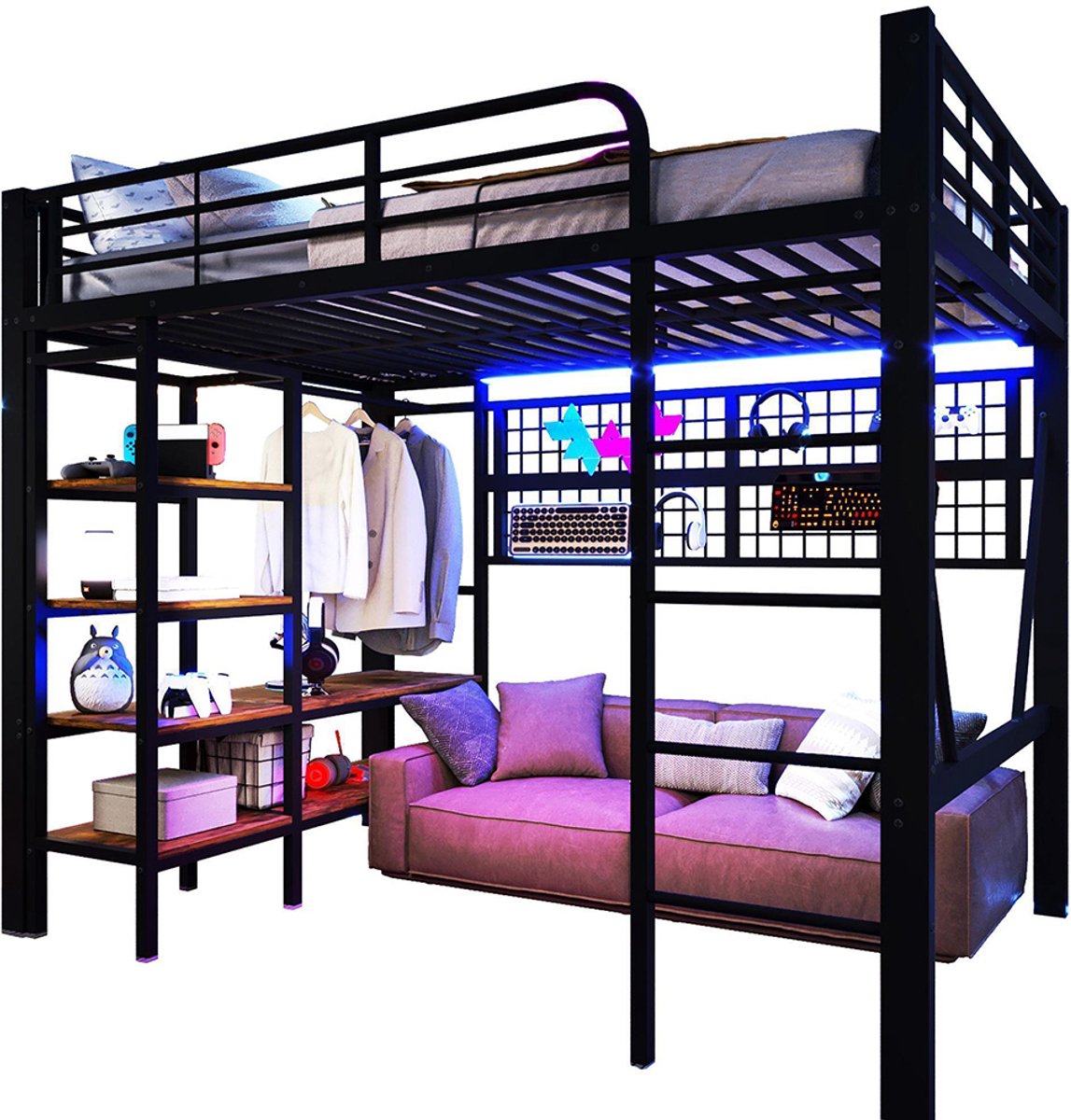 KOMHTOM Hoogslaper, 140 x 200 cm, ijzeren frame, opbergvak, opbergnet, met kledingstang, open ruimte onder het bed, met LED-lichtstrip, zonder matras, zwart