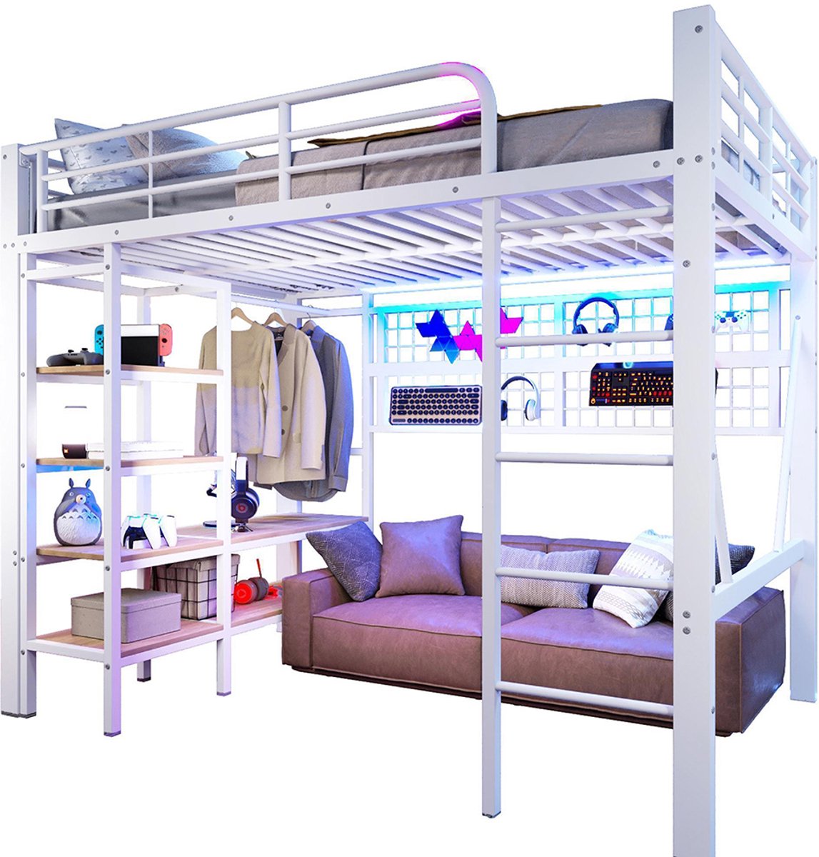 KOMHTOM Hoogslaper, 140 x 200 cm, ijzeren frame, opbergvak, net om spullen in op te hangen, met kledingstang, open ruimte onder het bed, met LED-lichtstrip, zonder matras, wit