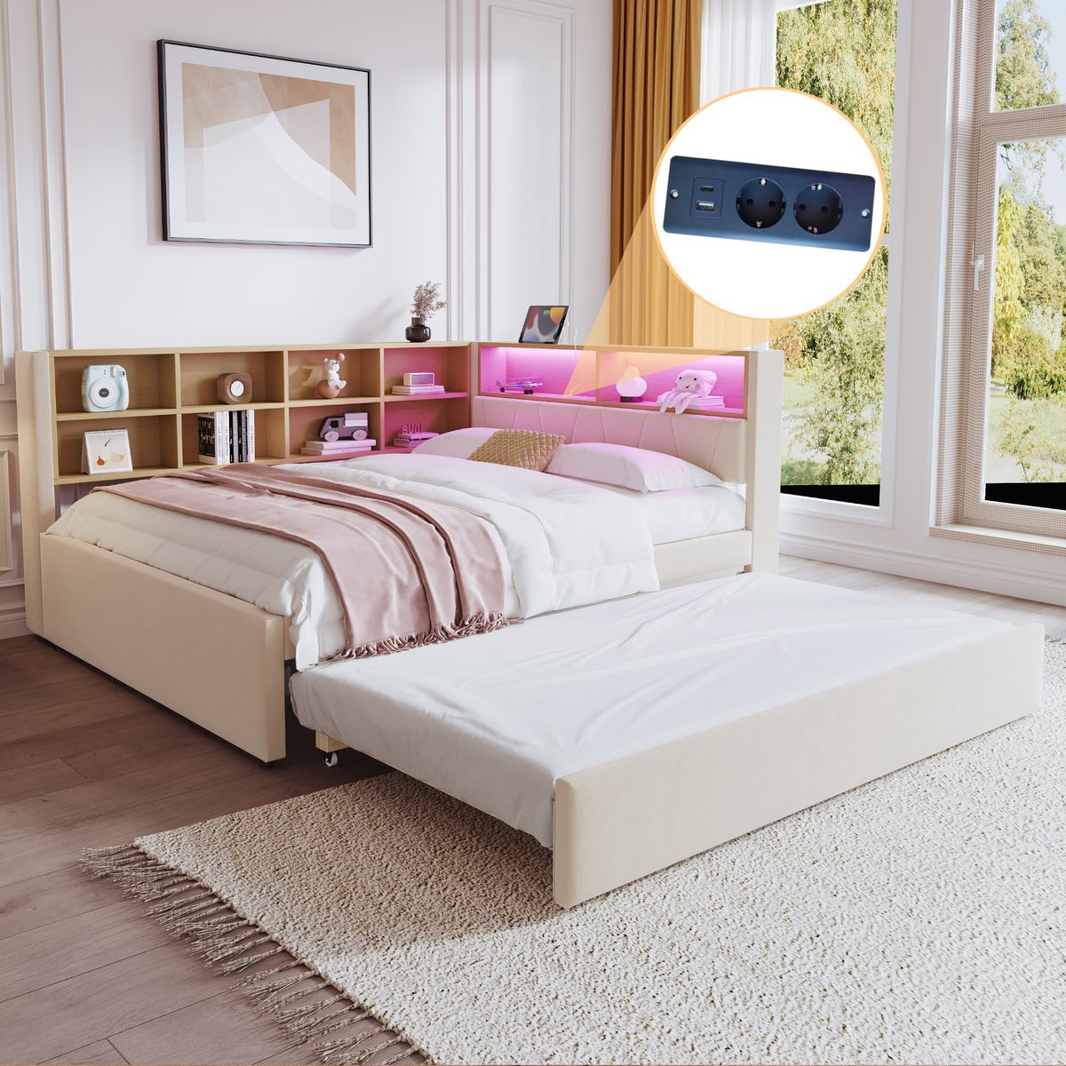 MODENUIT Slaapbank 140x200 cm – Met uitschuifbed 90x190 cm – LED en laadpunten – Opbergvakken – Zonder matras – Beige