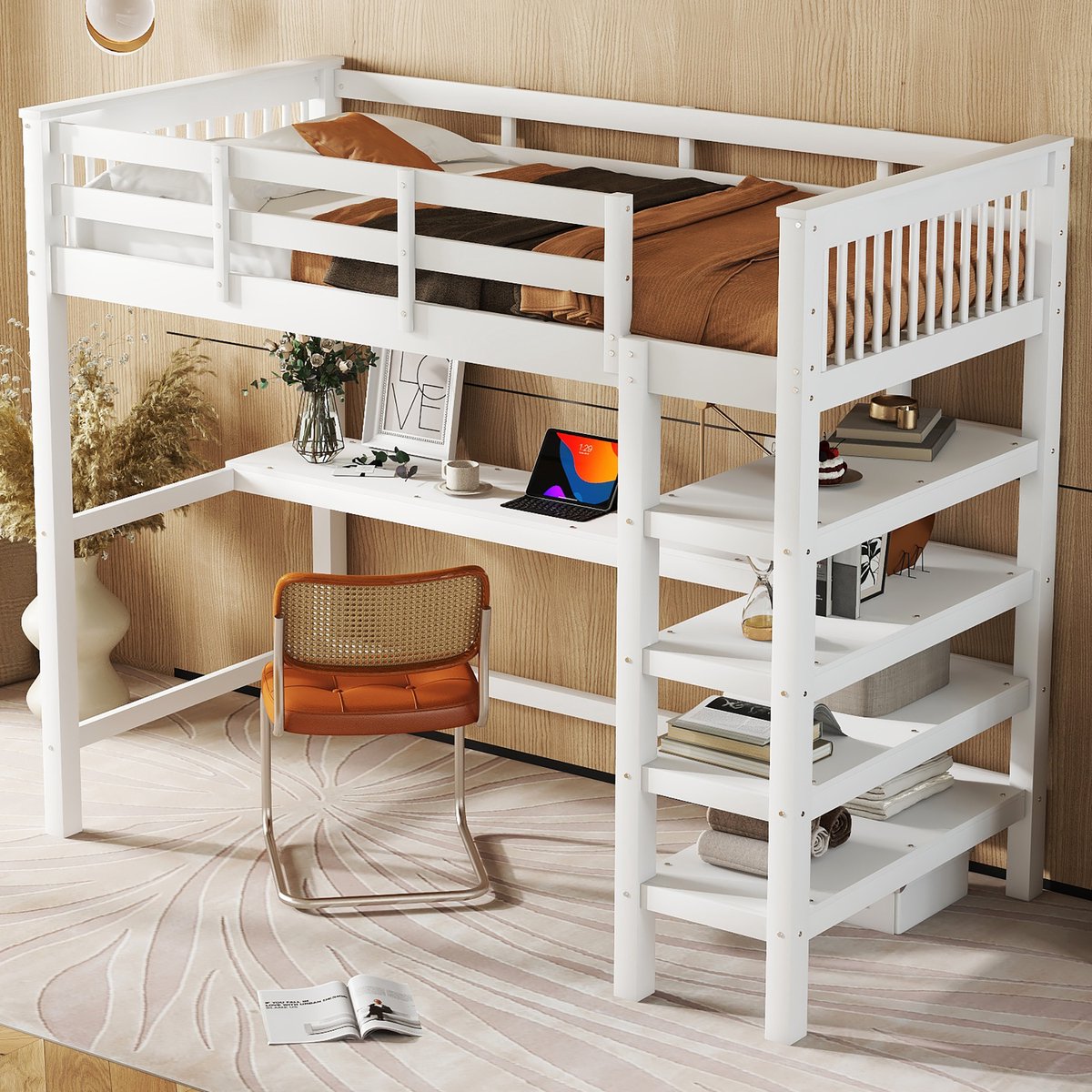 MODENUIT Hoogslaper 90x200 cm – Met Bureau en Opbergvakken – Ladderkast – Zonder matras – Grenen en MDF – Wit