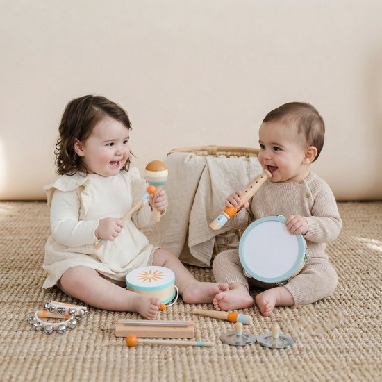 Twee baby's spelen met houten muziekinstrumenten op een kleed. De baby links heeft een maraca, de baby rechts een fluitje.