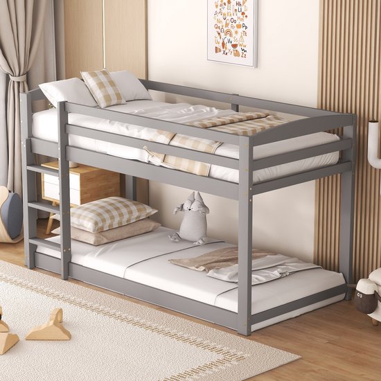 MODENUIT Stapelbed 90x200 cm – Laag Kinderbed met Valbeveiliging – Grenenhouten Frame – Zonder matras – Naturel