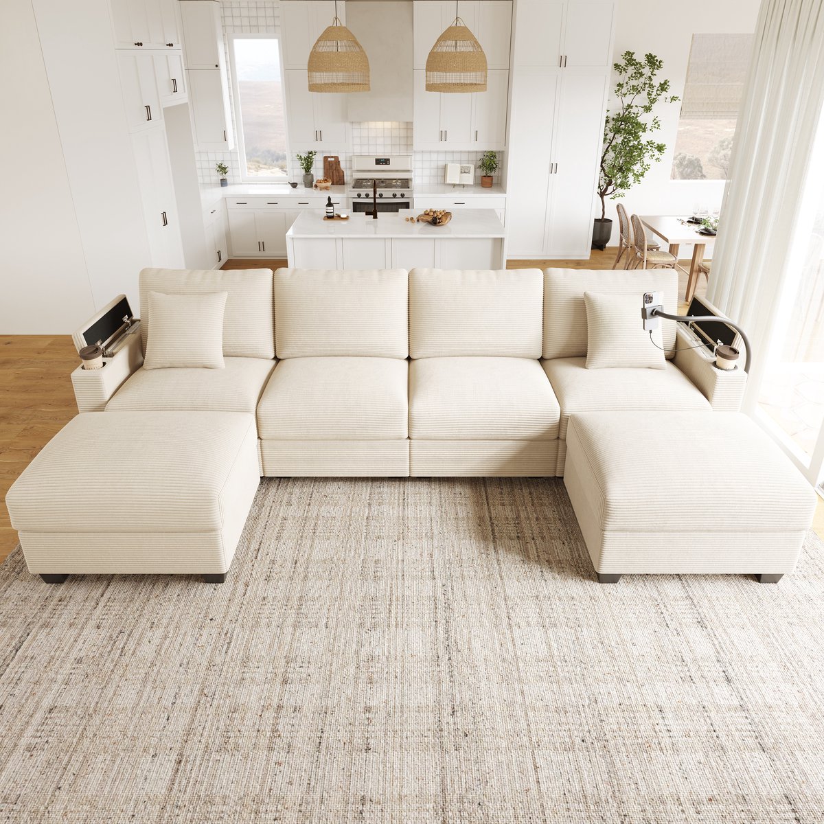 MODFU Modulaire U-Bank Met Slaapfunctie En Telefoonhouder - Modern - Cordstof - Beige - 275,5 X 139 X 87 Cm
