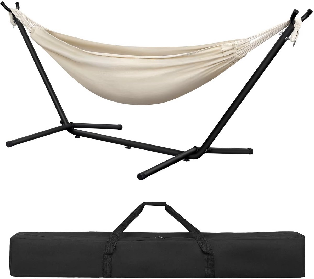 Hangmat met Standaard – 280x106x100 cm – Hangmat met Draagtas – Belastbaar tot 250 kg – Stevig Metalen Frame – Voor Tuin en Camping - Beige