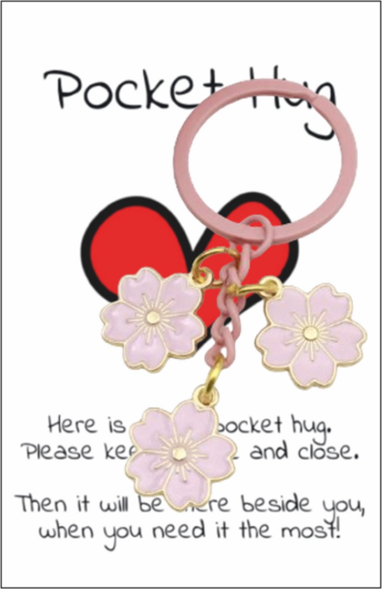 Pradeo - Bloemetjes - Sleutelhanger - Gelukshanger - Hangertje - Bloemen - Flowers - Key Chain - Pocket Hug - Klein Cadeau / Geschenk - Met Kaartje Met Tekst - Licht Roze