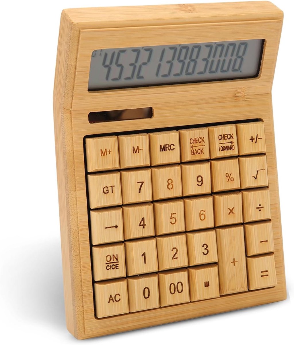 Bureaucalculator - Rekenhulp - Kantoor School - Zonne-energie Batterij - Groot LCD - Hout