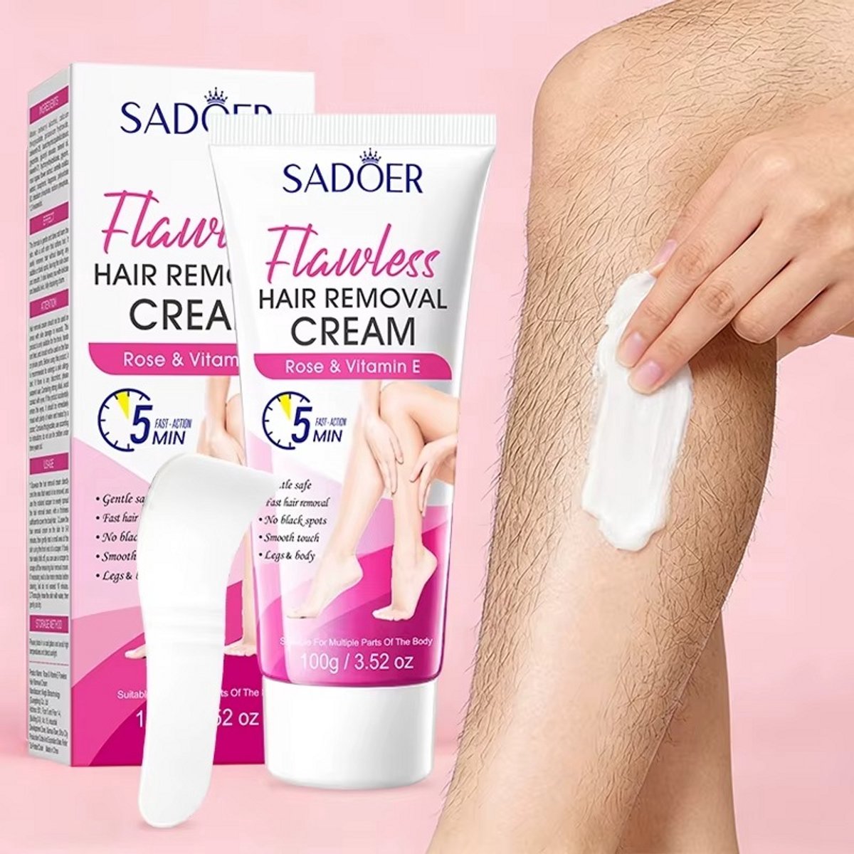 SADOER Ontharingscrème Rozen & Vitamine E |Gevoelige Huid| Voor Hele Lichaam |Pijnloze Haarverwijdering | Intieme Zone Bikini Oksels Benen | Hair Removal Cream Dames Heren Unisex | Hydraterend Verzachtend | Snelle Depilatie | Haar Verwijderaar | 100g