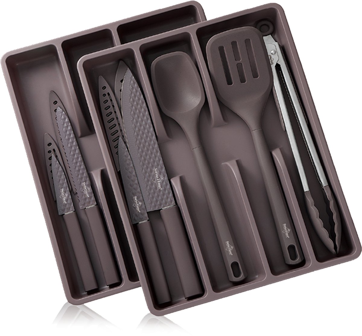 Swiss Haus® KS13T Messenset Met Keukengerei & Bestekbak – 13 Delige Keukenmessen Set - Inclusief 2 Bestekbakken – Antiaanbaklaag – Paars