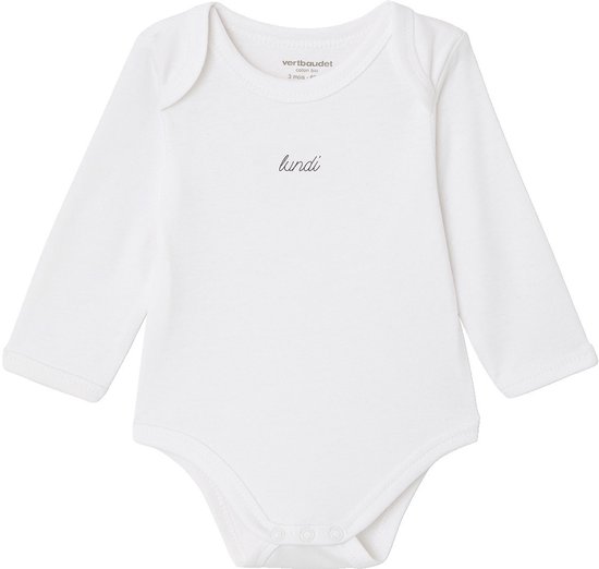 Witte romper met lange mouwen en 'lundi' in het zwart.
