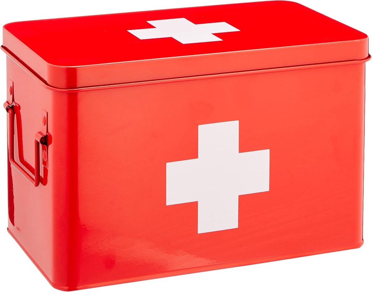 Medicijndoos - Medicijnen - Metaal - Roestvrij staal - Rood - EHBO Box - Opslag - 4 vakken - uitneembare inzet -