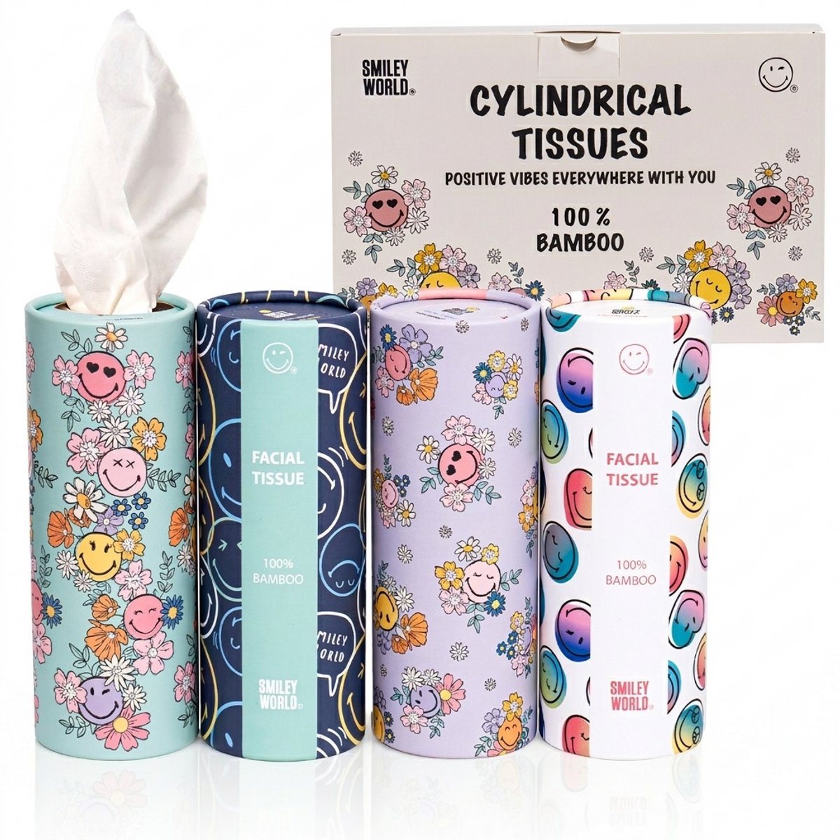 Smiley World® tissues - zakdoekjes – set van 4 assorti cilinders – cilindervormig ontwerp – 100% bamboe – plasticvrij – 3-laags – duurzame tissues in herbruikbare premium kokers – compact formaat voor auto, school, rugzak, thuis en reizen