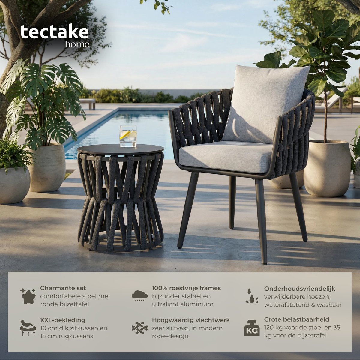 tectake® Tuinset Lugano - Tuinstoel - Loungestoel met Bijzettafel - Buitenstoel in Rope-Design met Aluminium Frame - Buiten Fauteuil met Dikke Kussens - Loungeset voor Tuin of Balkon - Terrasstoel - UV- en Weerbestendig – foto 2