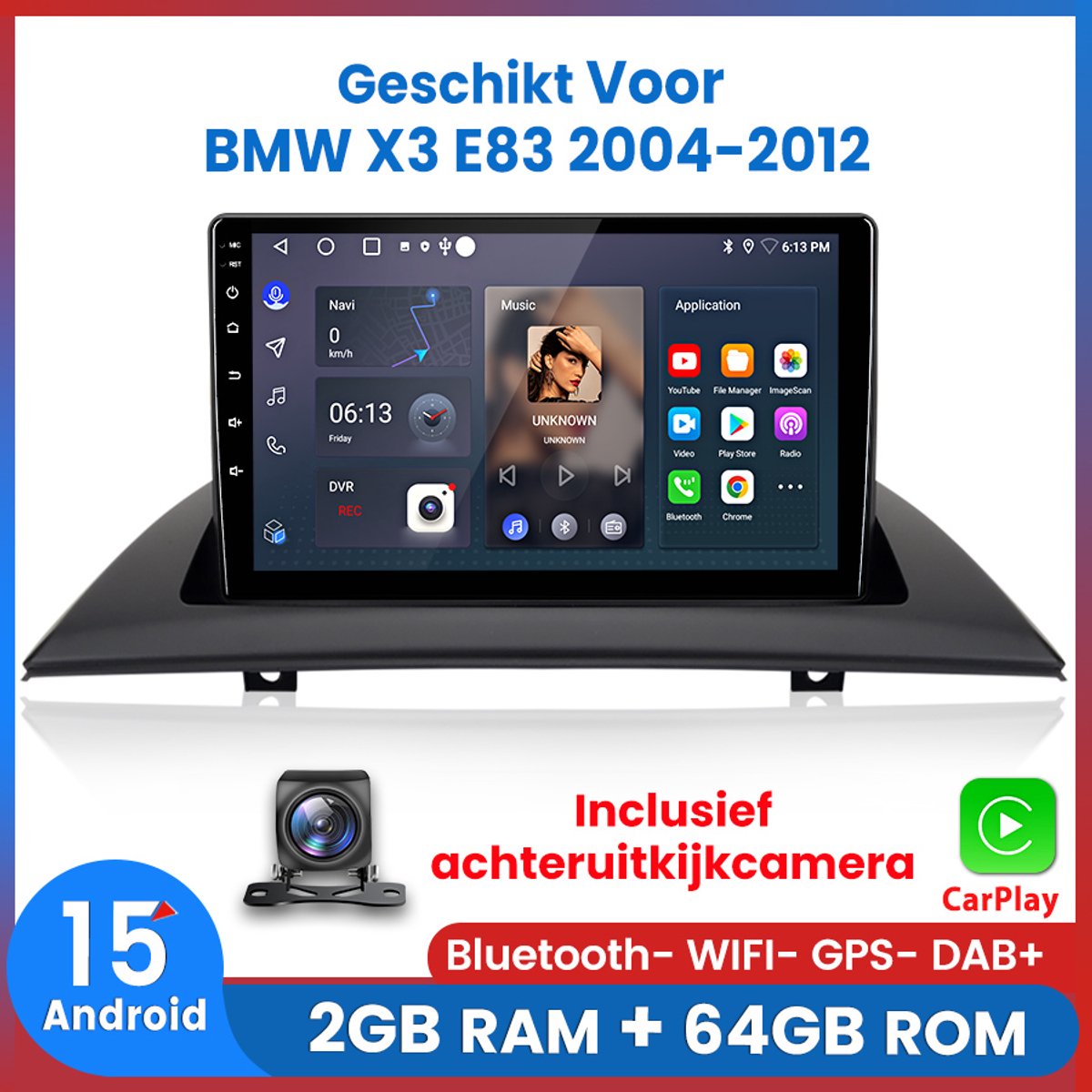 Awesafe Android 15.0 Systeem Autoradio - Geschikt Voor BMW X3 E83 2004 t/m 2012 - Draadloos Apple Carplay & Android auto - Met navigatie GPS - 2GB+64GB - Bluetooth WIFI - Radio scherm - Inclusief achteruitkijkcamera