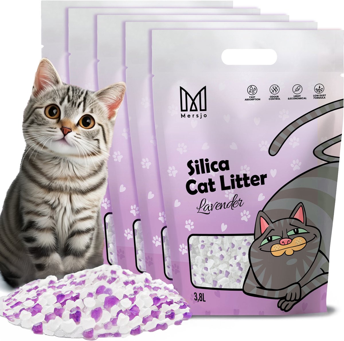 Mersjo Lavender Serie - Kattenbakvulling - Silica Gel - Lavendelgeur - Hoogwaardige Absorptie