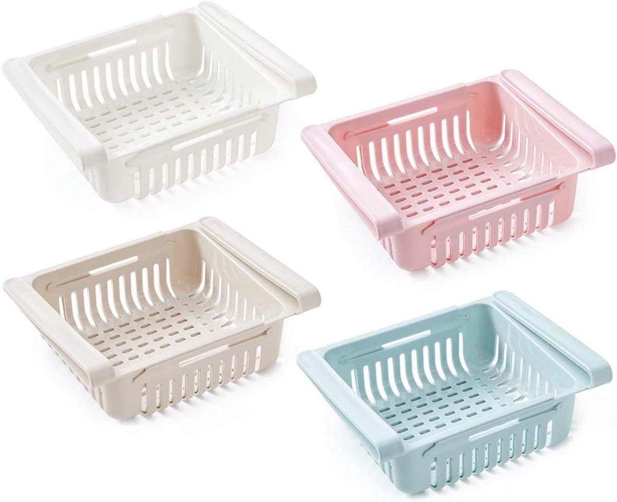 Koelkastlade Organizer - Opbergbakjes - Koelkast Indelen - Uittrekbaar Ontwerp - 16x20 cm - 4 Kleuren Set