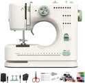 Witte Rynix naaimachine met groene details, inclusief diverse accessoires.