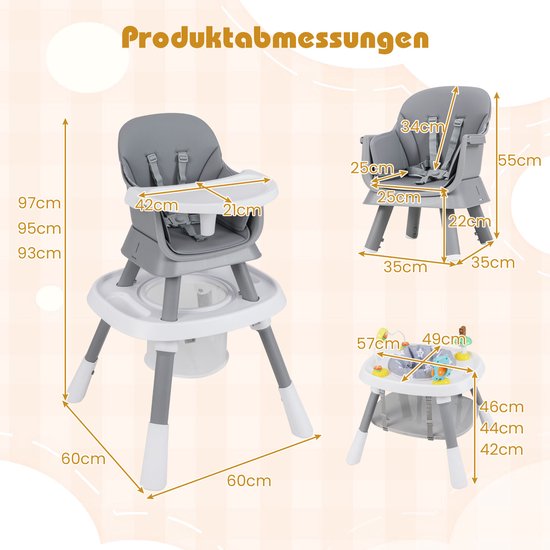 COSTWAY kinderstoel Baby 16 in 1, kinderstoel & speelgoedtafel & bouwblokkenbord & kinderstoel & zitverhoger met afneembaar dienblad, 5-puntsgordel & mand, kinderstoel voor kinderen vanaf 6 maanden (grijs) van COSTWAY — afbeelding 2