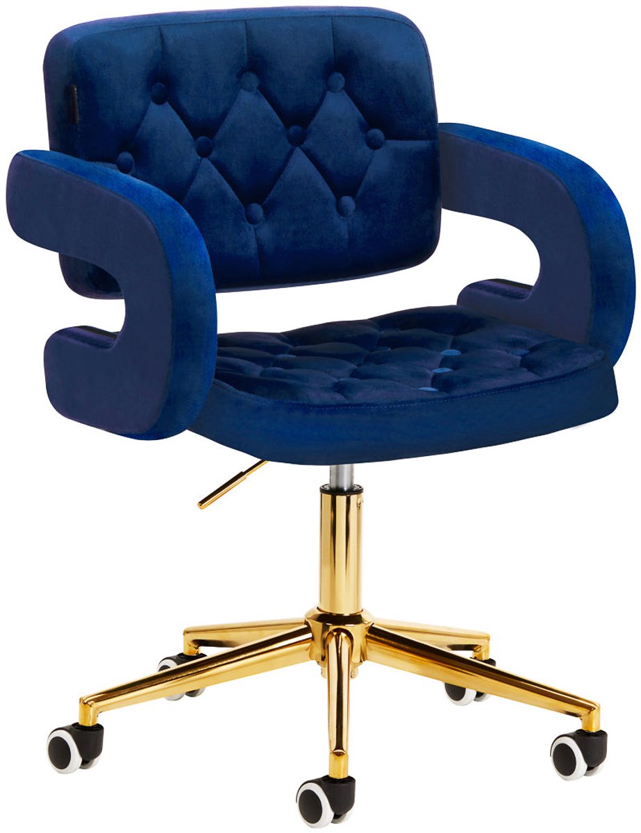 4Rico Fluwelen Bureaustoel Marineblauw met Goud Onderstel QS-OF213G – Verstelbare Salonstoel & Bureaustoel voor Salon, Kantoor en Receptie