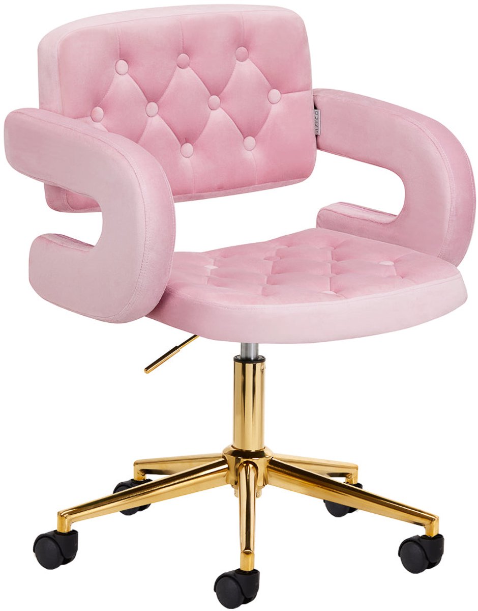 4Rico Fluwelen Bureaustoel Roze met Goud Onderstel QS-OF213G – Verstelbare Salonstoel & Bureaustoel voor Kantoor, Receptie en Salon