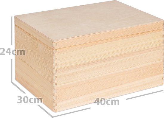 Naturel houten kist met afmetingen 40 cm x 30 cm x 24 cm.