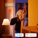 Koppel kijkt naar een lamp in een hal, met logo's voor Alexa en Google Assistant.