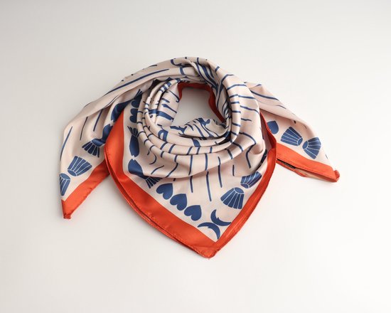 Shell bandana- Dames sjaal- Vierkant- Halsdoek- Sjaaltje- Imitatie zijde- 70x70cm- Schelp- Blauw oranje