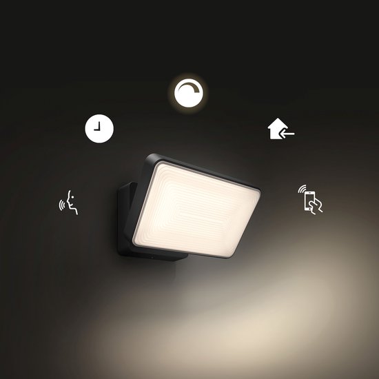 Zwarte Philips Hue buitenlamp met een vierkant, verlicht front, met pictogrammen voor timer, stembediening en smartphone.