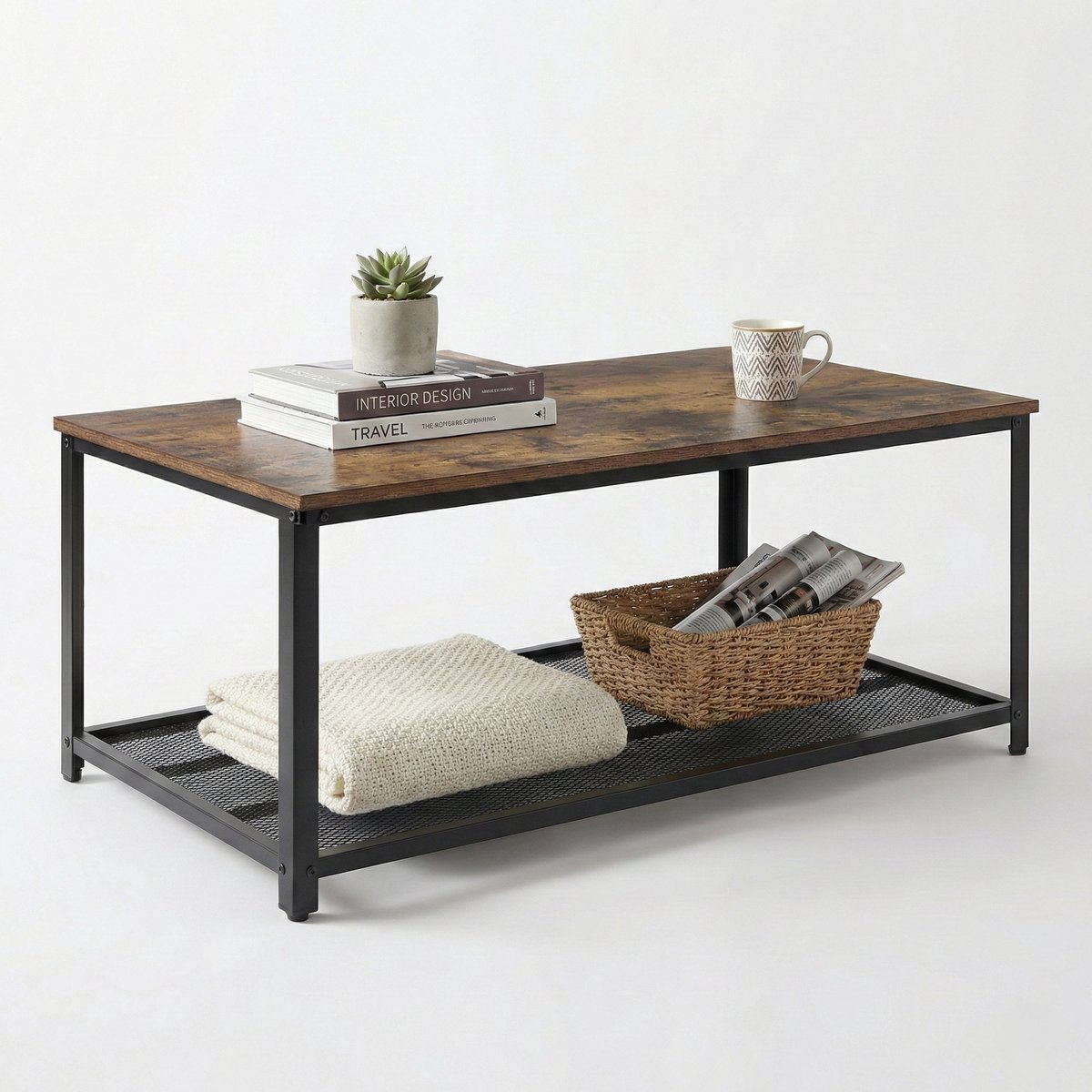IvoQ Industriële Salontafel Rechthoekig - Vintage Houtlook & Staal - 2 Lagen - Met Gaasplank - Industriële Woonkamer Tafel - Stevig, Stijlvol & Makkelijk Te Monteren