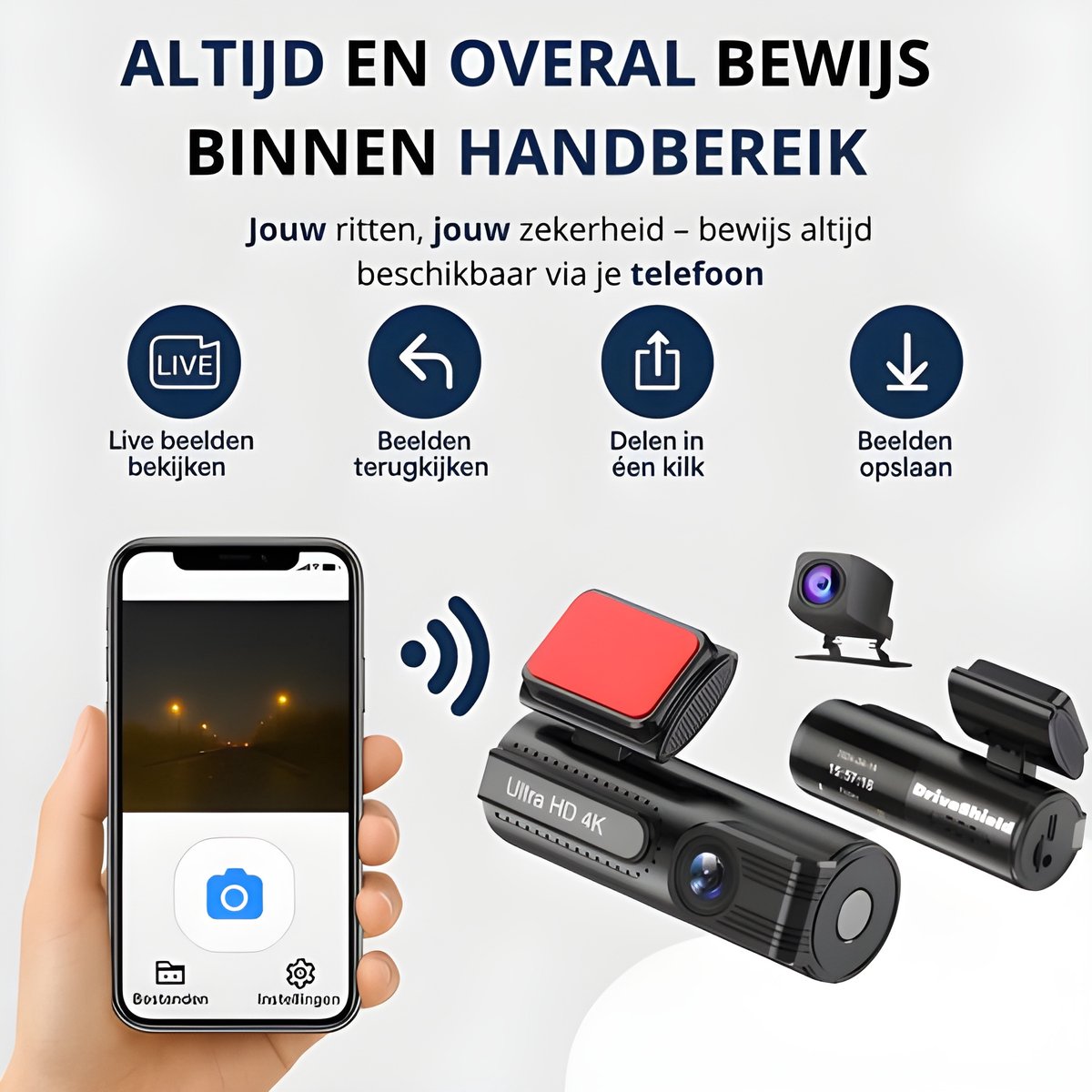 DriveShield Pro 4K Dashcam – Voor & Achter – 128GB – GPS – Wifi