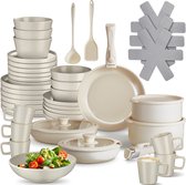 tectake® Complete Pannenset - Borden Set - Aardewerk - 40-delig - 6 Persoons - Set met Servies, Koekenpan, Spatel, Kookpan, Kommen - Pannen met Deksel en Antiaanbaklaag - Ovenbestendig - Vaatwasbestendig - Geschikt voor Inductie - Taupe/Wit